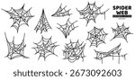 Spider web icon set isolated on white background. Vector illustration. Happy Halloween decoration. Old cobweb banner, cute net border. Editable spiderweb stroke lines. Gothic tattoo element