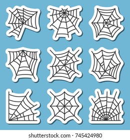 Spider web icon sticker set. Cobweb black on white badges Spiderweb  print, poster, label isolated element collection Patchwork, scrapbook drawing cute hipster design Fashion patch vector illustration