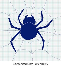 Spider and spider web icon. Vector illustration on Notebook sheet background