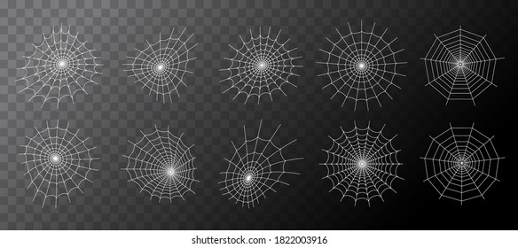 Spider web icons set. Halloween decoration with cobweb. Spiderweb flat vector illustration. Isolated graphic. Horror, fear and creepy cartoon art concept. Net outline sketch. Transparent background.