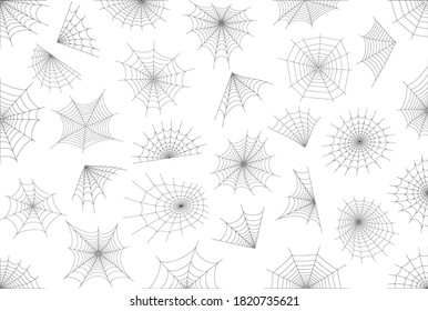 Juego de iconos de araña de varias formas. Decoración de Halloween con telaraña. Ilustración vectorial plana de Spiderweb. Horror, miedo y el espeluznante concepto de arte de caricaturas. Esbozo de esquema neto sobre fondo blanco.