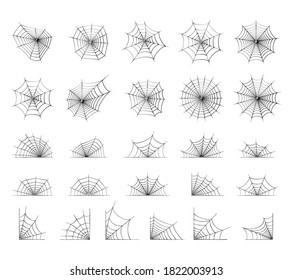 Spider web icons set of various shapes. Halloween decoration with cobweb. Spiderweb flat vector illustration. Horror, fear and creepy cartoon art concept. Net outline sketch on white background.