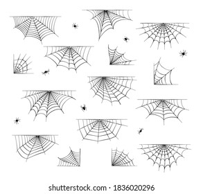 Spider Web-Symbole Set von verschiedenen Formen. Halloween-Dekoration mit Cobweb. Spiderweb flache Vektorgrafik. Spinnen, Schrecken, Angst und gruseliges Cartoon-Kunstkonzept. Netzskizze auf weißem Hintergrund.
