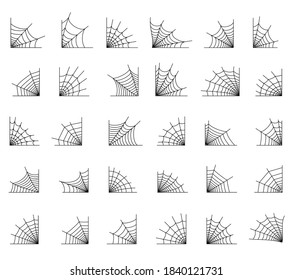 Spider web icons set of various shapes. Halloween decoration with cobweb. Spiderweb flat vector illustration. Horror, fear and creepy cartoon art concept. Net outline sketch on white background.