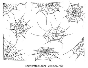 Spider web isolated on white background. Halloween cobweb set. Horror decoration Vector collection