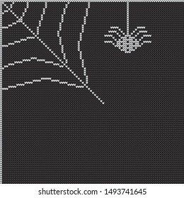 Spider web in the left corner with a small spider, knitted vector background for Halloween.