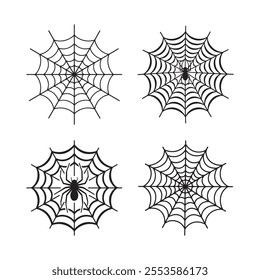 Spider web line art silhouette, Spider net outline, Spooky Halloween cobweb with spider vector art illustration on white background.