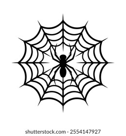 Spider web line art silhouette, Spider net outline, Spooky Halloween cobweb with spider vector art illustration on white background.