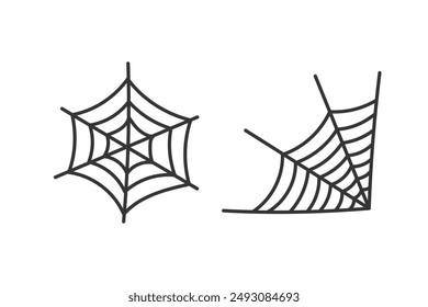 Spider Web Line Design Elements. Hand drawn Halloween symbol. Doodle abandoned decoration. Isolated vector illustration