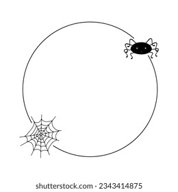 Spider web and little cute spider round frame simple hand drawn vector outline illustration of doodle fancy Halloween scary decor elements, perfect for Halloween party stationery, poster, invitation