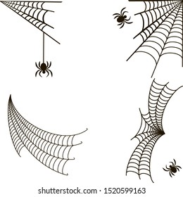 Spider web and little spiders on a white background. Vector illustration. Isolated.