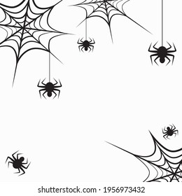 Spider web and little spiders on white background. Template, banner, frame, mock up. Vector illustration with space for text.