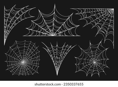 Spider web monochrome set logotypes with spiderweb for Halloween decorations with scary traps created by tarantulas vector illustration