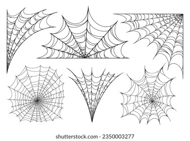 Spider web monochrome set stickers with variants of spiderwebs of different shapes to catch flies and mosquitoes vector illustration