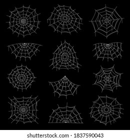 Spider web and net vector icons on black background, Halloween horror holiday. Cobwebs and spiderwebs with white silk circular nets and spiral orb webs, trick or treat party decoration design