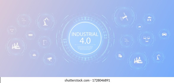 Spider web of network connections with on a blue background. Industry 4.0 concept infographic. Web page banner template with icons and name.