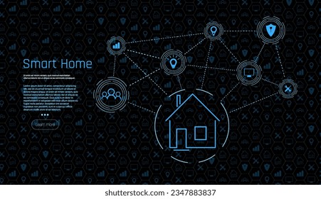 Spider web of network connections with on a futuristic blue background. Connect wireless devices. Vector The building consists of numbers and is connected by icons of household smart devices