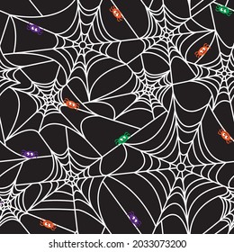 Spider web on black background. Halloween seamless pattern.
