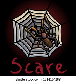 Spider in a web, on a black and red background, cartoon style, fright, fear, insect, Halloween, horror, phobia, cobweb, black and red background, biology, for children, therarium, for children, forest