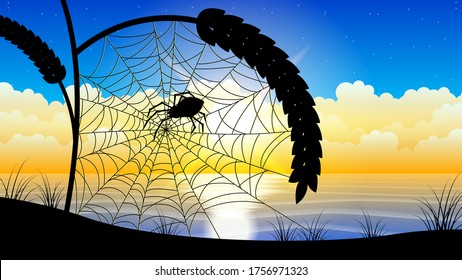Spider Web On Blue Sky Background Halloween Design Elements Spooky Scary Horror Decor Vector With Clouds Sun And Plant