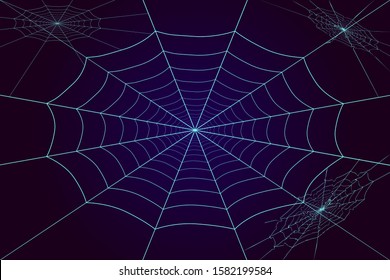 Spider web on dark background. Shining cobweb halloween symbol isolated on blue and purple background. Stock vector illustration. EPS 10