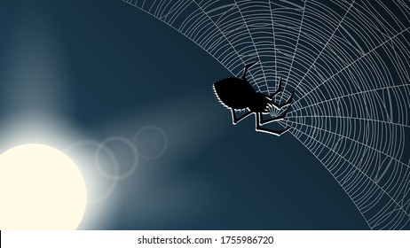 Spider Web On Dark Background With Moon Halloween Design Elements Spooky Scary Horror Decor Vector
