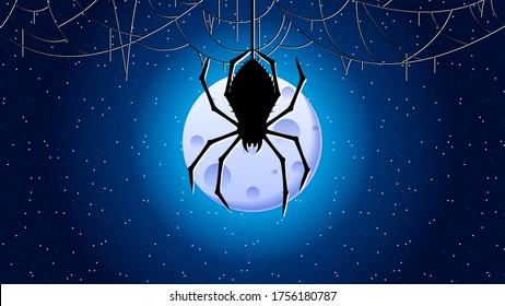 Spider Web On Dark Background With Moon Halloween Design Elements Spooky Scary Horror Decor Vector