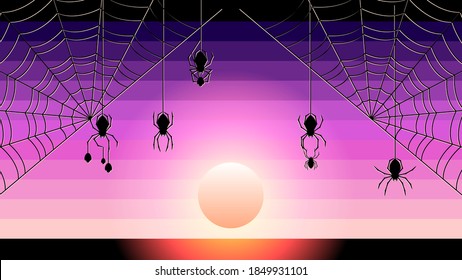 Spider Web Sobre Un Fondo Oscuro Con Elementos De Diseño De Halloween De Luna Espeluznante Vector De Decoración De Horror