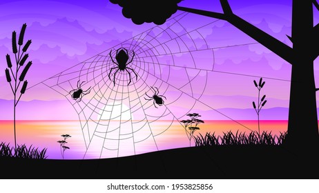 Spider Web Sobre El Fondo Oscuro Con El Agua De La Luna Elementos De Diseño Halloween Espeluznante Vector De Decoración De Horror