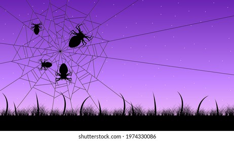 Spider Web On Dark Background With Grass Halloween Design Elements Spooky Scary Horror Decor Vector
