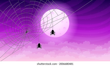 Spider Web On Dark Background With Moon Clouds Halloween Design Elements Spooky Scary Horror Decor Vector