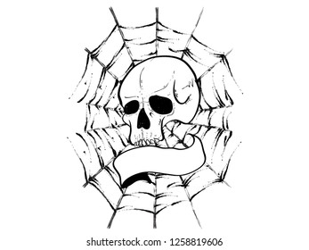 spider Web on human skull, vector illustration design, hand drawn