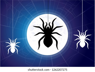 Spider web on the moon and blue background. Vector illustration design