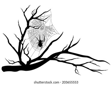 spider web on tree branch - halloween theme black vector silhouette