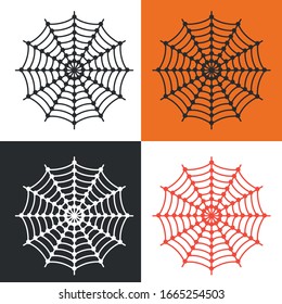 Spider web on a white, black and orange background. Vector scalable cobweb logo. Vector illustration.