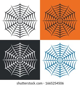 Spider web on a white, black and orange background. Vector scalable cobweb logo. Vector illustration.