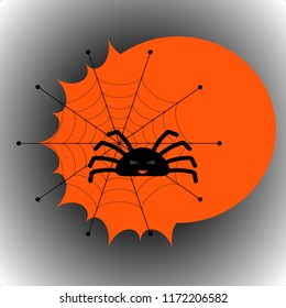 Spider at the web at the orange background halloween style