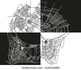 Spider web parts isolated on black and white background. Scary cobweb outline decor. Vector design elements for Halloween, horror, ghost or monster party, invitation and posters.