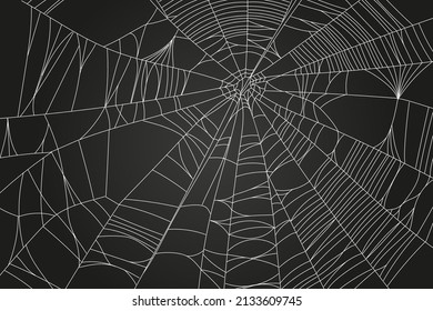 Spider web parts isolated on black background. Scary cobweb outline decor. Vector design elements for Halloween, horror, ghost or monster party, invitation and posters.