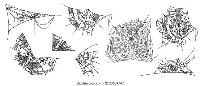 Partes de tela araña aisladas en fondo blanco. La decoración es un poco sobria y cobarde. Elementos de diseño de vectores para Halloween, horror, fiesta fantasma o monstruo, invitación y afiches.