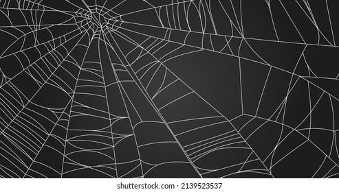 Spider web parts isolated on black background. Scary cobweb outline decor. Vector design elements for Halloween, horror, ghost or monster party, invitation and posters.