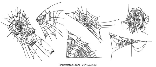 Spider web parts isolated on white background. Scary cobweb outline decor. Vector design elements for Halloween, horror, ghost or monster party, invitation and posters.