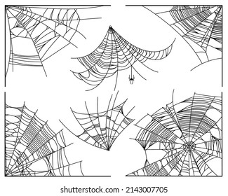 Spider web parts isolated on white background. Scary cobweb outline decor. Vector design elements for Halloween, horror, ghost or monster party, invitation and posters.