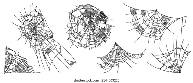 Spider web parts isolated on white background. Scary cobweb outline decor. Vector design elements for Halloween, horror, ghost or monster party, invitation and posters.