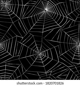 Spider web pattern for template. Halloween decoration with cobweb. Spiderweb flat vector illustration. Isolated graphic. Horror, fear, creepy cartoon art concept. Outline sketch on black background.