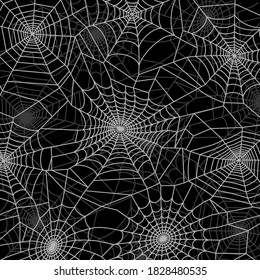 Spider web pattern for template. Halloween decoration with cobweb. Spiderweb flat vector illustration. Isolated graphic. Horror, fear, creepy cartoon art concept. Outline sketch on black background.