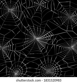 Spider web pattern for template. Halloween decoration with cobweb. Spiderweb flat vector illustration. Isolated graphic. Horror, fear, creepy cartoon art concept. Outline sketch on black background.