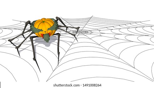 Spider Web with Pumpkin orange Halloween vector icon logo ghost character cartoon, perspective view and white background. The main symbol of the Happy Halloween holiday. - Vector