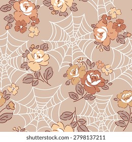 Spider web with roses on isolated background. Hand drawn Halloween liberty floral. Seamless vector pattern for textile, wallpaper or print design.