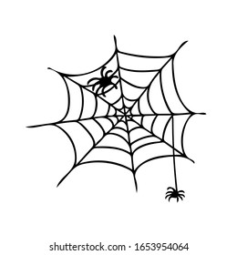 Spider web round with spiders. Hand drawn in doodle style. Scandinavian simple liner. Element for design icon, logo, postcard, poster. halloween decor